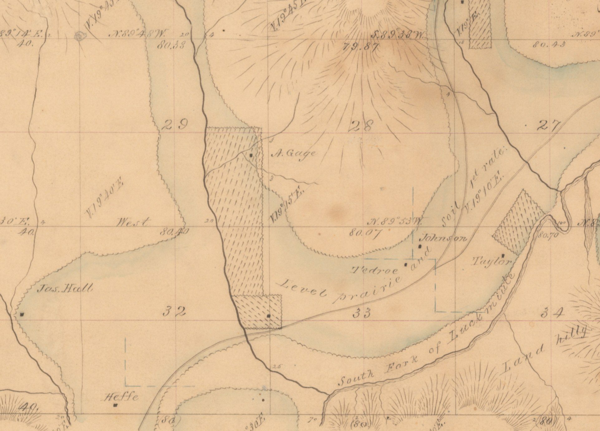 A larger piece of the 1855 township plat: Sections 29, 28 and 27 above 32, 33 and 34, with dwellings labeled Tedroe, Johnson and Taylor and the lettering “Level prairie and soil 1st rate.”