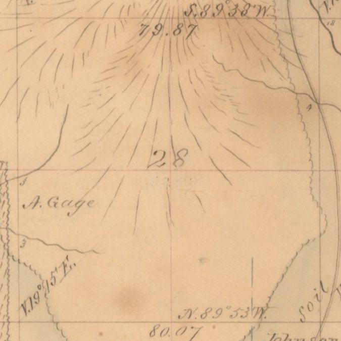 Section 28 on the hand-drawn 1855 township plat: the number 28, the line figures 79.87 and 80.07, fine shading lines, and a name lettered on the west side.