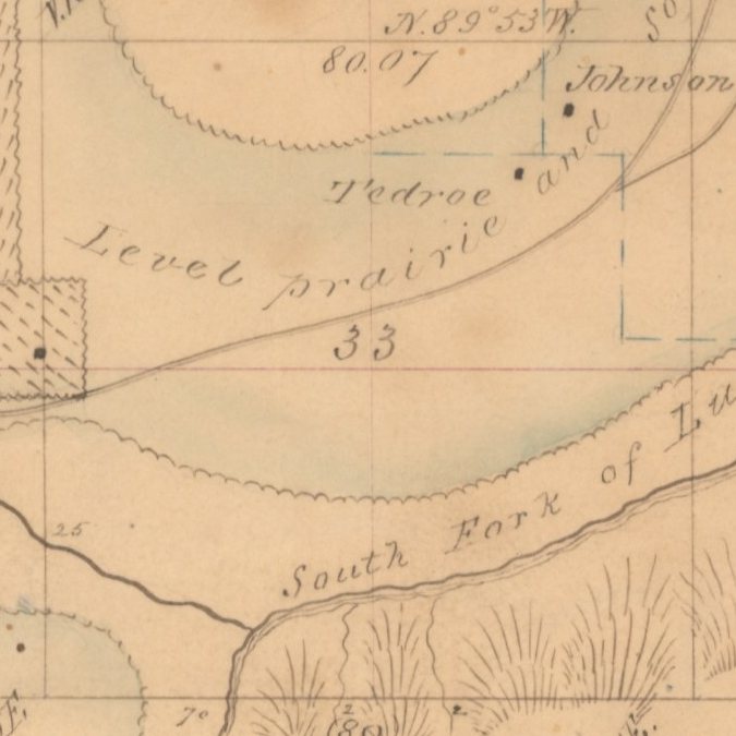 Section 33 on the hand-drawn 1855 township plat: the number 33, the words “Level prairie and” curving to the northeast, and small black squares labeled Tedroe and Johnson.